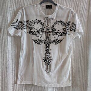 Touch USA Cross Skull T-Shirt Rhinestone Graphic White Tee Rock Grunge Sz Medium